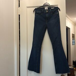 Frame Le High Flare Jeans in Dunfield Wash Dark Sz 28 Raw Hem Wide Leg